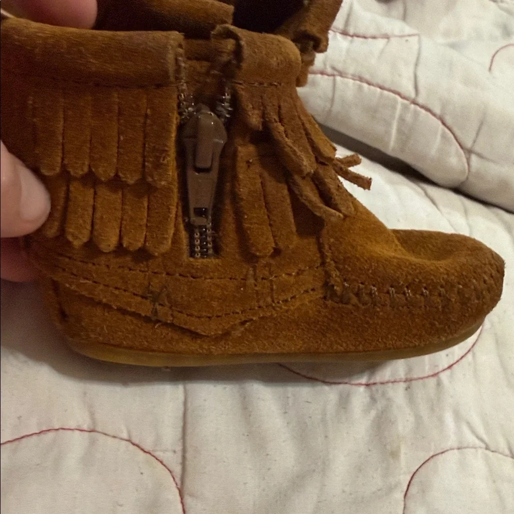 Minnetonka Tan Kids Moccasins with Fringe